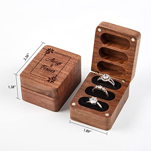 Always & Forever Ring Box 3 Slot for Wedding Ceremony Engagement Valentine's Day Birthday Ring Bearer Box Walnut Wooden Ring Box Engrave Wedding Ring