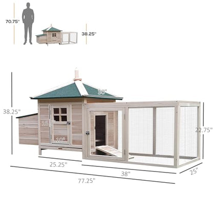 PawHut 77" Wooden Chicken Coop with Nesting Box, Cute Outdoor Hen House with Removable Tray, Ramp Run, for Garden Backyard, Natural - WoodArtSupply