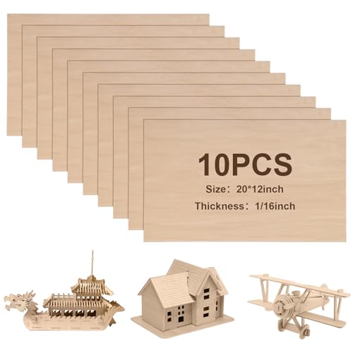Sasylvia 10 Sheets Balsa Wood Sheets 12 x 20 x 1/16 Inch Basswood Sheets for Crafts Plywood Sheets Unfinished Wooden Boards Rectangular Wood Planks
