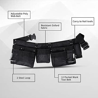 "11 Pocket Polyester Tool Belt - Black Work Apron for Real Tasks and Imaginative Play - Adjustable Poly Web Belt with Quick Release Buckle - Fits