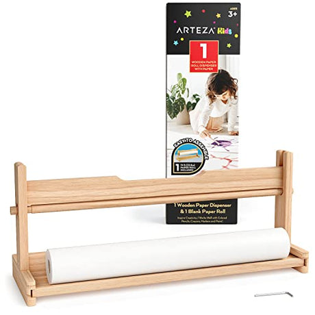 Arteza Kids Paper Roll Dispenser with 1 Roll of Drawing Paper, 16.5 Inches x 74.8 Feet, 47-lb Paper, Made of Pine Wood, Art Supplies for Kids ARTEZA