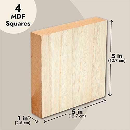4 Pack of Unfinished Wood Blocks for Crafting, Wall Decorations, MDF Wooden Squares 1 Inch Thick for DIY Projects, Art Classes, Photo Blocks, Bright Creations
