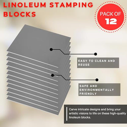Linoleum Blocks for Printmaking (12pack) and Stamp Carving Tool - Printmaking Supplies for Rubber Stamp Carving Block Printing - Linoleum Carving