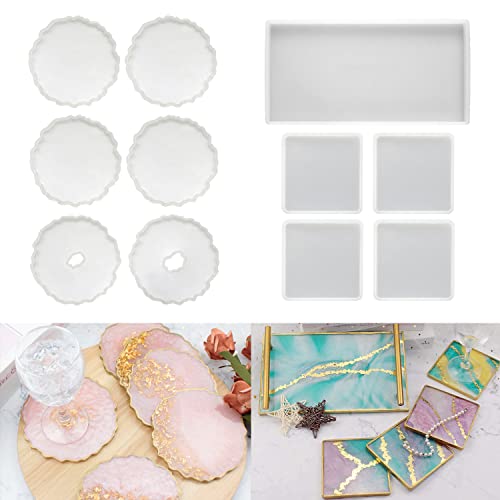 RESINWORLD 6 Pack Geode Coaster Molds for Resin + Resin Tray Mold, 1Pc Thick Rectangle Tray Mold with 4 Pack Square Coaster Molds