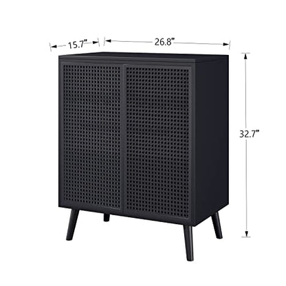 JZXSHD Metal Rattan Accent Cabinet - 2 Door Buffet Storage for Kitchen, Living Room and Hallway, Black