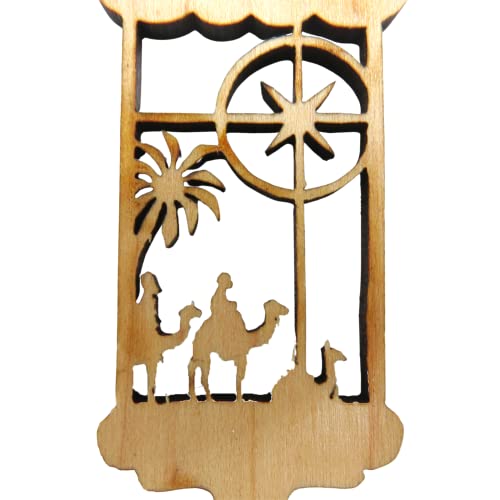 Brown Unfinished Wooden Lantern Holiday Ornament with Red String, Wood Three Wise Men Christmas Story Scene, Religious Ornaments for Tree or Gifts, Needzo