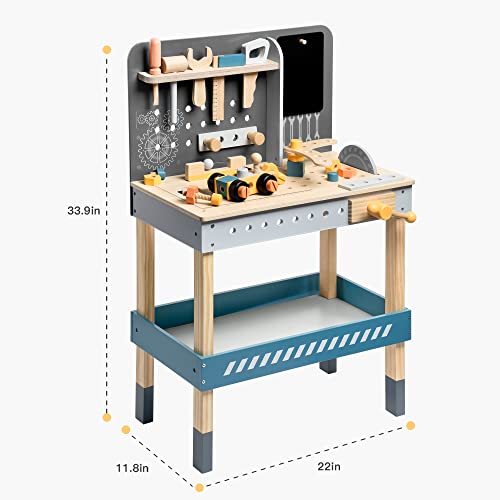 ROBOTIME Wooden Tool Bench for Kids Toy Play Workbench Workshop with Tools Set, Creative Wood Construction Tool Bench Toy for 3 4 5 Year Old Boys