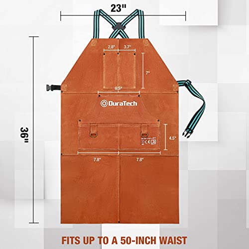 DURATECH Welding Apron, 36" Leather Welding Apron Heat Flame Resistant, Heavy Duty Welding Apron with 6 Tool Pockets, 100% Cowhide Leather Work Apron - WoodArtSupply