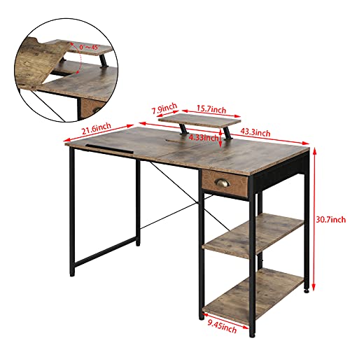 X-cosrack Computer Desk with Storage Shelves Drawer, 43” Home Office Desk with Monitor Stand, Adjustable & Tiltable Draft Drawing Table Writing Study - WoodArtSupply