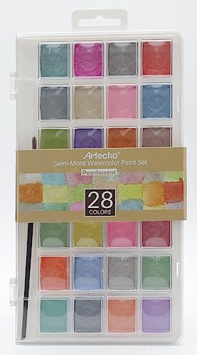 Artecho Watercolor Paint Set, 28 Glitter Metallic Colors, Semi-Moist Pearlescent Water color, Ideal for Beginners and Artists Artecho