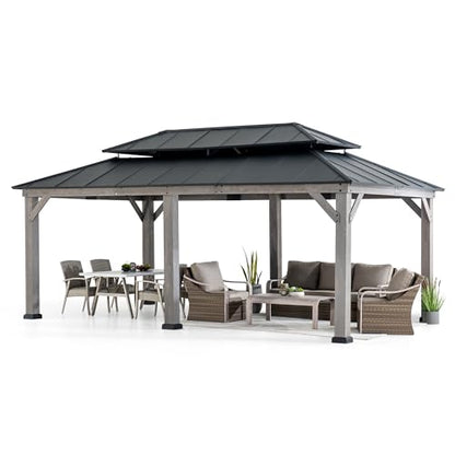 Sunjoy 12 x 20 ft. Wood Gazebo, Outdoor Patio Steel Hardtop Gazebo, Cedar Framed Wooden Gazebo with 2-Tier Metal Roof, Suitable for Patios, Lawn and