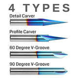 Genmitsu CNC Wood Carving Router Bits Set, 1/4'' Shank, 4 PCS, 15° Detail Carving Liner+ 20° Profile bit+ 60° & 90° V Groove, WC04A Genmitsu