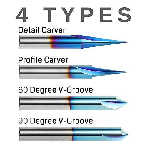 Genmitsu CNC Wood Carving Router Bits Set, 1/4'' Shank, 4 PCS, 15° Detail Carving Liner+ 20° Profile bit+ 60° & 90° V Groove, WC04A - WoodArtSupply