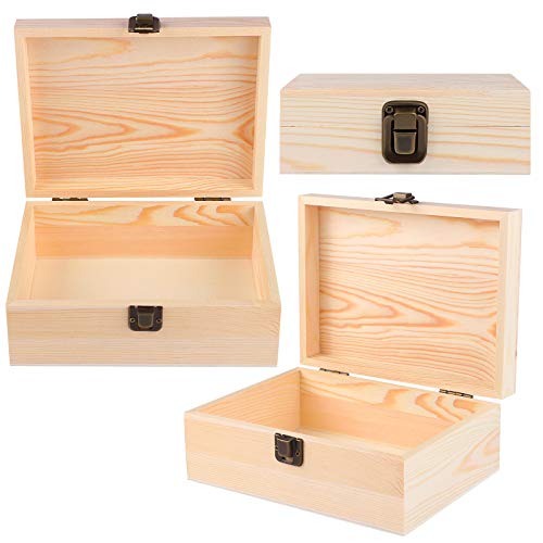 ADXCO 3 Pack Unfinished Wood Treasure Chest Decorative Wooden Box Pine Wood Box with Locking Clasp for Crafts, Art, Hobbies, Projects, Jewelry Box