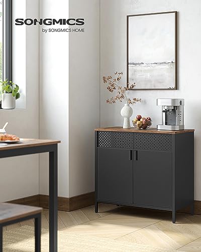 SONGMICS Storage Sideboard, Buffet Table with Adjustable Shelves, Floor Storage Cupboard, Steel Frame, Rustic Brown and Black ULSC102B01 SONGMICS