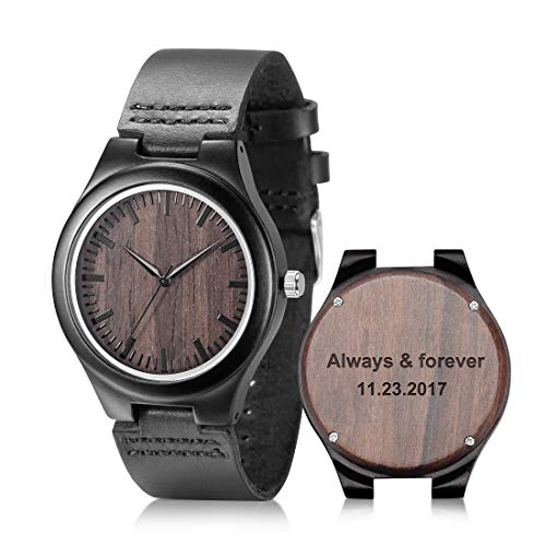 UMIPHIMAT Engraved Wooden Watches for Men - Natural Wooden Groomsmen Watches for Husband Son Dad Natural Ebony Customized Wood Watch Birthday UMIPHIMAT
