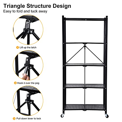 HealSmart 5-Tier Heavy Duty Foldable Metal Rack Storage Shelving Unit with Wheels Moving Easily Organizer Shelves Great for Garage Kitchen, Black HealSmart