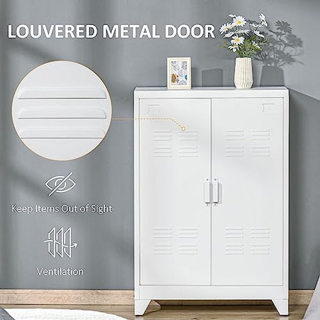 HOMCOM Industrial Storage Cabinet, Steel Garage Cabinet with Double Doors and Adjustable Shelves, White HOMCOM