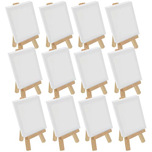 U.S. Art Supply 2" x 3" Stretched Canvas with 5" Mini Natural Wood Display Easel Kit (Pack of 12), Artist Tripod Tabletop Holder Stand - Painting
