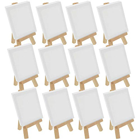 U.S. Art Supply 2" x 3" Stretched Canvas with 5" Mini Natural Wood Display Easel Kit (Pack of 12), Artist Tripod Tabletop Holder Stand - Painting U.S. Art Supply