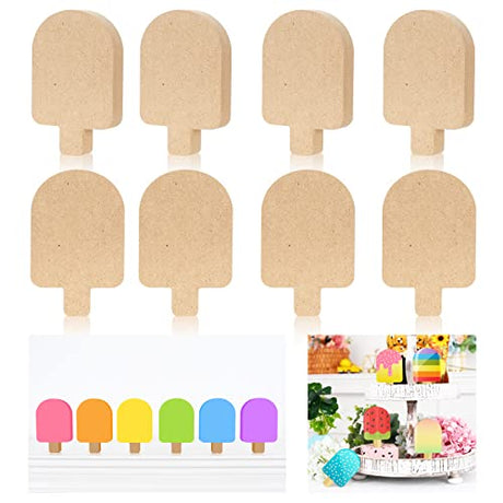 Whaline 8Pcs Wooden Popsicle Cutouts Unfinished Table Wooden Signs Ice Lolly Shaped Craft Tags Slice Ornament for Summer Tiered Tray Decor Home Whaline