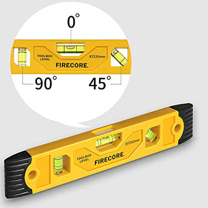 Firecore Magnetic Torpedo Level, 9-Inch Shockproof Toolbox Level with 3 Bubble Spirit Level 45 90 180 Degree - WoodArtSupply