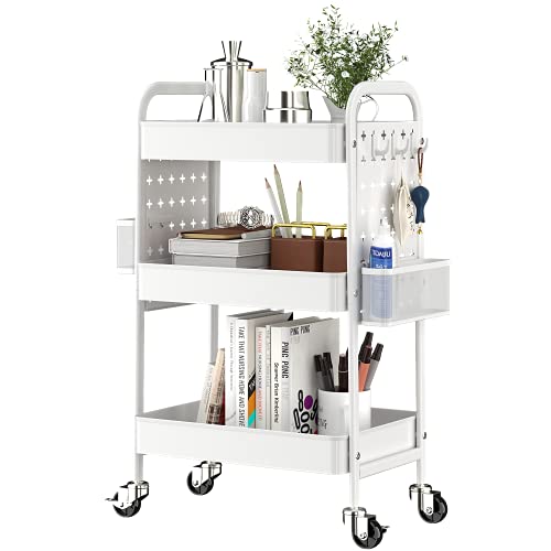 TOOLF 3-Tier Rolling Cart, Metal Utility Storage Cart with DIY Pegboards, Art Craft Trolley with Baskets Hooks, Organizer Serving Cart Easy Assemble