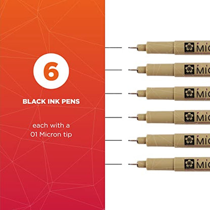 SAKURA Pigma Micron Fineliner Pens - Archival Black Ink Pens - Pens for Writing, Drawing, or Journaling - Black Ink - 01 Point Size - 6 Pack - WoodArtSupply