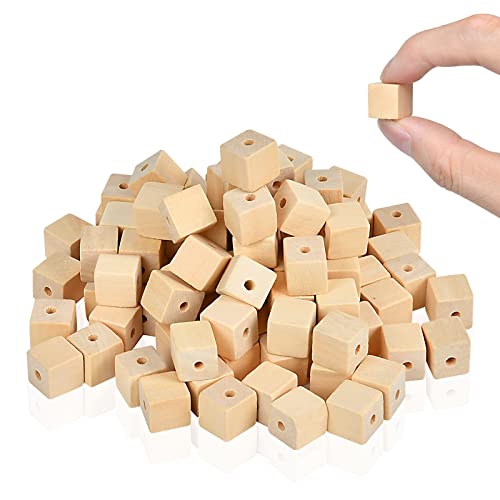 Supkiir Wood Craft Cubes, 100Pcs Wooden Craft Blocks with Holes, Unfinished Wood Cubes for DIY Projects Craft Alphabet Blocks, Small Wooden Square