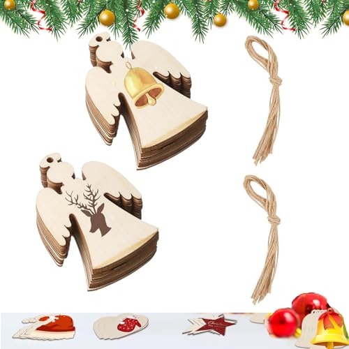 Pack of 20 Wooden Crafts Christmas Tree Hanging Ornaments Unfinished Wood Cutouts Christmas Decoration DIY Crafts with Cords (Wooden Angel Cutouts) - WoodArtSupply