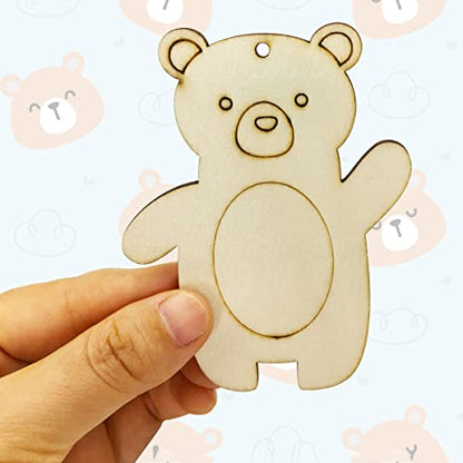 30pcs Bear Wood DIY Crafts Cutouts Blank Wooden Bear Shaped Hanging Ornaments with Hole Hemp Ropes Gift Tags for Kid's DIY Projects Christmas Party