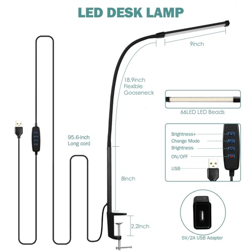 CUHIOY Desk Lamp with Metal Clamp, 3 Colors 10 Lightings LED Desk Light with USB Adapter for Home Office, Eye-Caring Flexible Gooseneck Clip on - WoodArtSupply