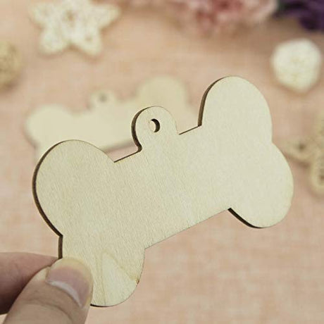 JANOU 24pcs Bone Shaped Wooden Cutouts Unfinished Wood Dog Bone Wood DIY Craft Embellishments Gift Tags Ornaments Decoration with Ropes, 4.1x2.2 in JANOU