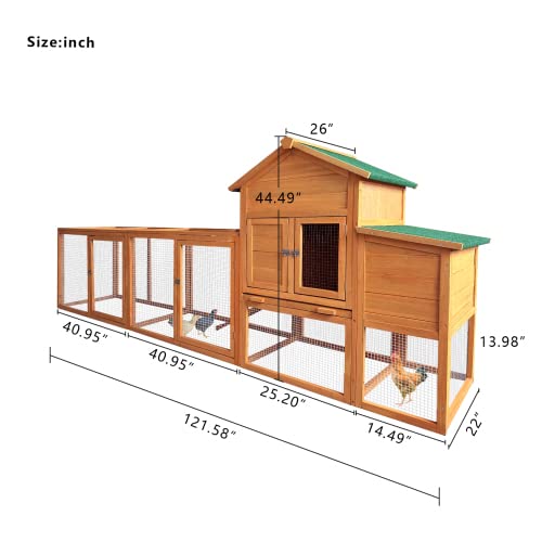 RUNVA 122''Chicken Coop with Nest Box - Poultry Cage with Removable Tray, Wooden Chicken Coop for 6 Chickens with Waterproof Roof & Ramp Play for - WoodArtSupply