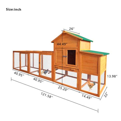 RUNVA 122''Chicken Coop with Nest Box - Poultry Cage with Removable Tray, Wooden Chicken Coop for 6 Chickens with Waterproof Roof & Ramp Play for - WoodArtSupply