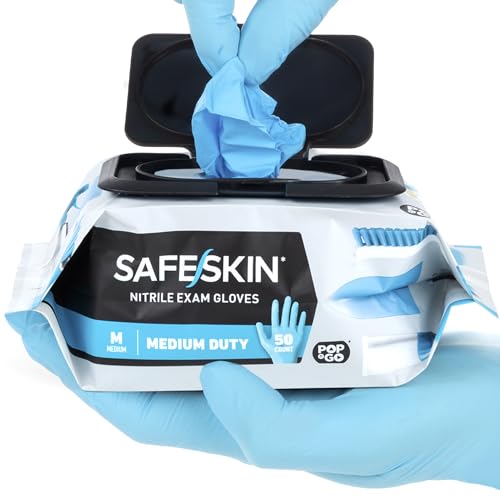 SAFESKIN Nitrile Disposable Gloves in Pack of 50, Medium Duty, Medium Size, Powder Free - Food Handling, First Aid, Cleaning SAFESKIN