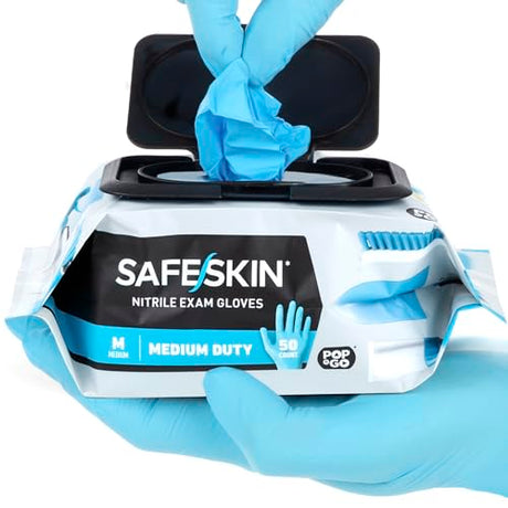 SAFESKIN Nitrile Disposable Gloves in Pack of 50, Medium Duty, Medium Size, Powder Free - Food Handling, First Aid, Cleaning SAFESKIN