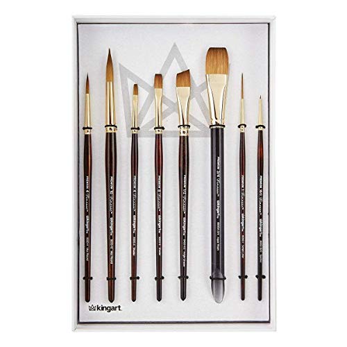 KINGART Finesse Kolinsky Sable Synthetic Blend Premium Watercolor Artist Brushes, Gift Box, Set of 8, Synthetic Brush Hairs, Acrylic Handle, for Oil, KINGART
