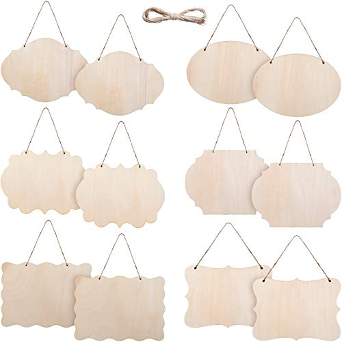 12 Pcs Unfinished Hanging Wood Sign Rectangle Wood Blank Plaque Hanging Wood Sign with Rope for Pyrography, Painting, Writing, Decoration, DIY Craft,
