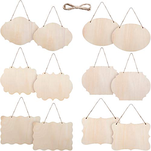 12 Pcs Unfinished Hanging Wood Sign Rectangle Wood Blank Plaque Hanging Wood Sign with Rope for Pyrography, Painting, Writing, Decoration, DIY Craft, Jetec