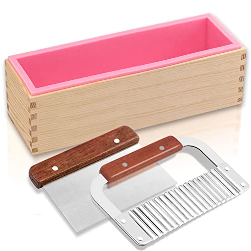 LERYKIN Rectangular Soap Mold Kit with Cutter- 42oz Flexible Silicone Loaf Soap Mold with Wood Box, Stainless Steel Wavy & Straight Scraper for