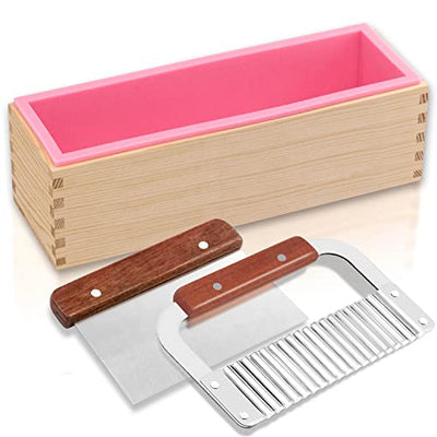 LERYKIN Rectangular Soap Mold Kit with Cutter- 42oz Flexible Silicone Loaf Soap Mold with Wood Box, Stainless Steel Wavy & Straight Scraper for