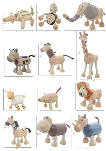 TEKOR Bendable Wooden Animal Toys, Set of 12 | Fun & Posable Farm & Jungle & Safari Animals for Toddlers | Preschool Montessori Toy, Smooth Natural TEKOR