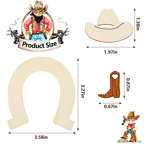 72 Pieces Unfinished Cowboy Wooden Cutouts Horseshoe Shape Wood Discs Slices Wood Cowboy Boot Hat Cutouts Wood Cowboy Theme Crafts for Western Cowboy Chinco