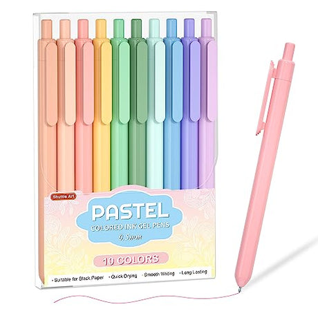 Shuttle Art Colored Retractable Gel Pens, 10 Pastel Ink Colors, Cute Pens 0.5mm Fine Point Quick Drying for Writing Drawing Journaling Note Taking Shuttle Art