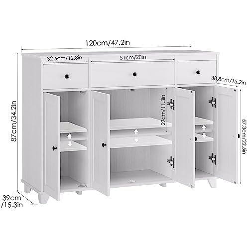 HIFIT Buffet Cabinet White Sideboard Storage Cabinet with 3 Drawers & 4 Doors Adjustable Shelves, 47” Modern Coffee Bar Cabinet, Wood Accent Cabinet HIFIT