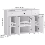 HIFIT Buffet Cabinet White Sideboard Storage Cabinet with 3 Drawers & 4 Doors Adjustable Shelves, 47” Modern Coffee Bar Cabinet, Wood Accent Cabinet HIFIT