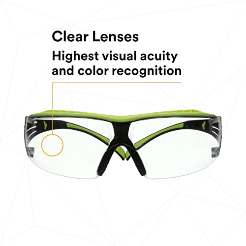 3M Safety Glasses, SecureFit 400X, ANSI Z87, Anti-Fog Anti-Scratch Clear Lens, Green and Black Frame, Brow Guard, Lightweight, Soft Nose Bridge and 3M SecureFit