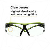 3M Safety Glasses, SecureFit 400X, ANSI Z87, Anti-Fog Anti-Scratch Clear Lens, Green and Black Frame, Brow Guard, Lightweight, Soft Nose Bridge and 3M SecureFit