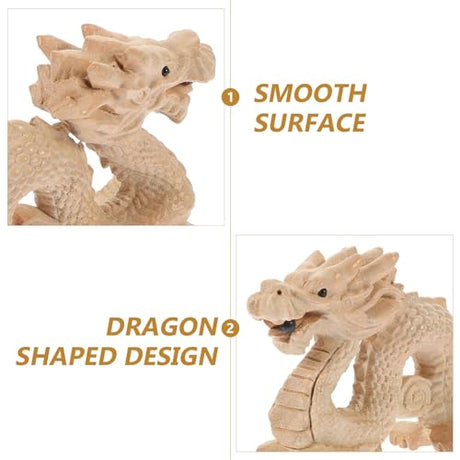 Amosfun Chinese Feng Shui Carved Natural Wood Dragon Statue Unpainted Wooden Dragon Sculpture Unfinished 10cm DIY Animal Figurine Hand Carved Amosfun